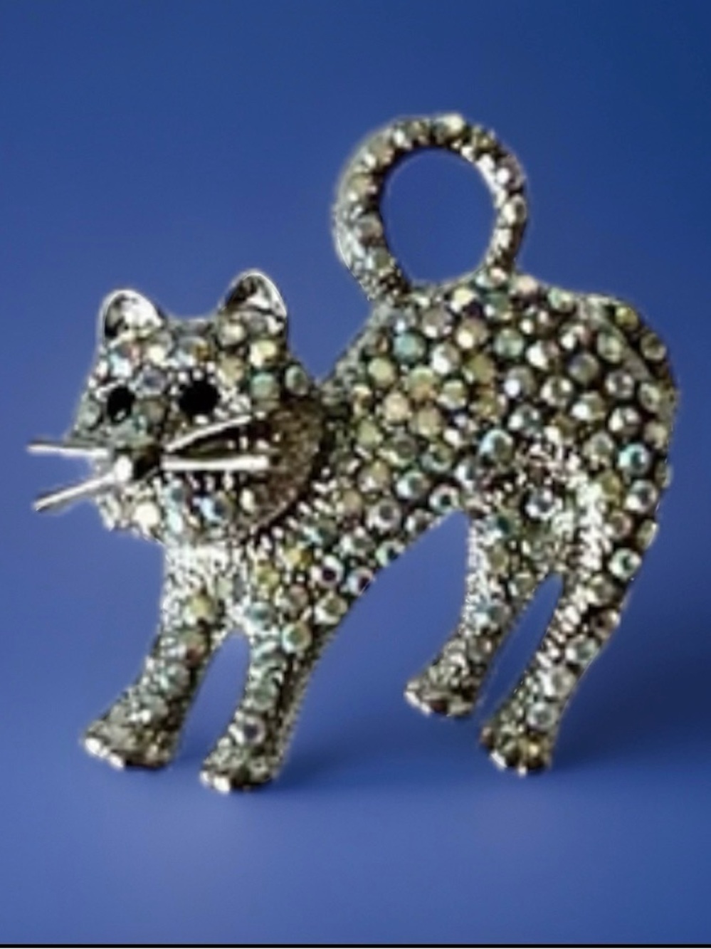 Silver Tone Stretching Cat Brooch Pin with Silver and Rainbow hued Rhinestones